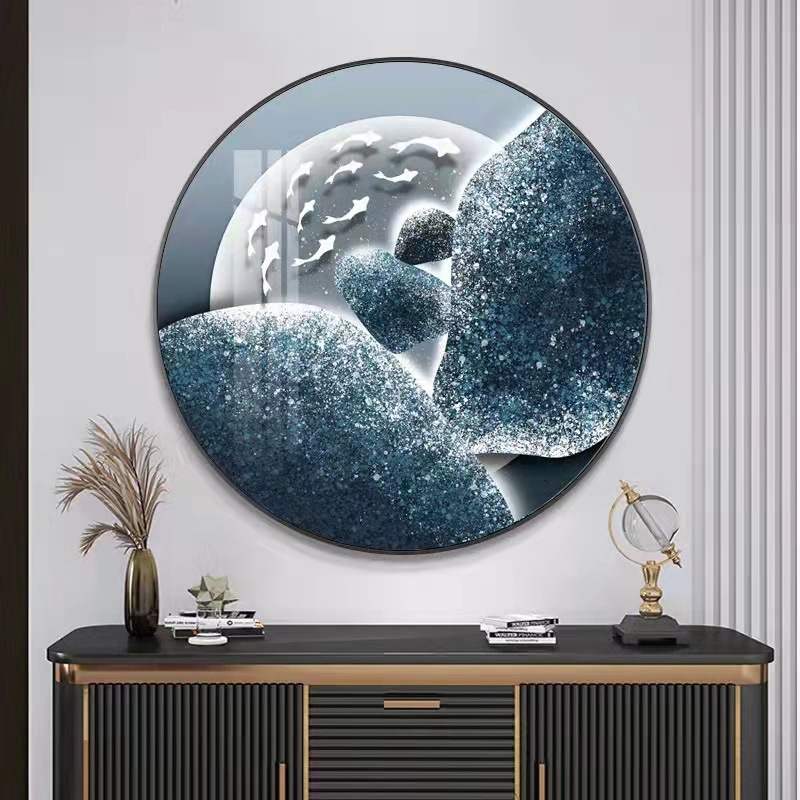 星空九鱼入户玄关圆形装饰画北欧客厅沙发背景墙壁画轻奢晶瓷挂画图片