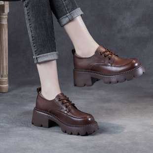 高跟鞋 秋冬粗跟不累脚厚底单鞋 子 女2025新款 头层牛皮英伦风小皮鞋