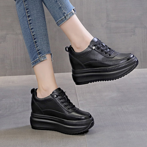 黑色皮面百搭增高免系带小白鞋女