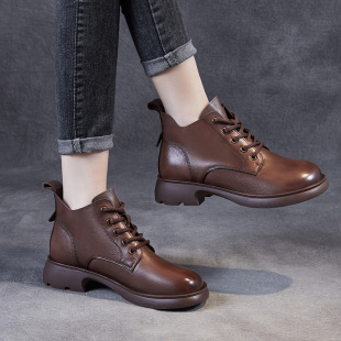 女鞋 秋冬真皮棕色软底皮鞋 小短靴 2025新款 头层牛皮平底马丁靴女款