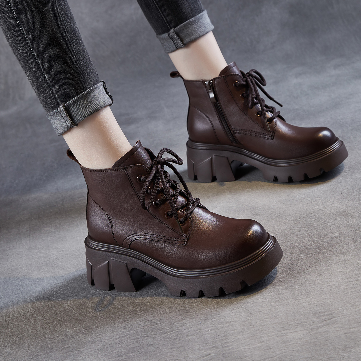 真皮粗跟休闲轻便厚底旅游登山靴