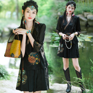 新中式改良汉服女套装复古斜襟刺绣民族风上衣短裤两件套唐装茶服