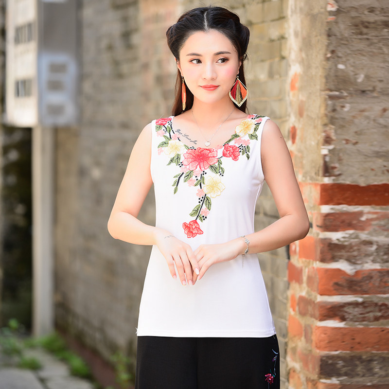 春夏季民族风刺绣纯棉背心女吊带修身显瘦白色打底衫内搭无袖上衣
