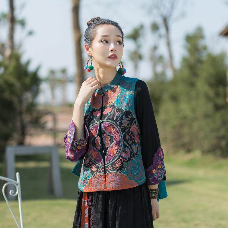 民族风新款满绣花缎棉马甲