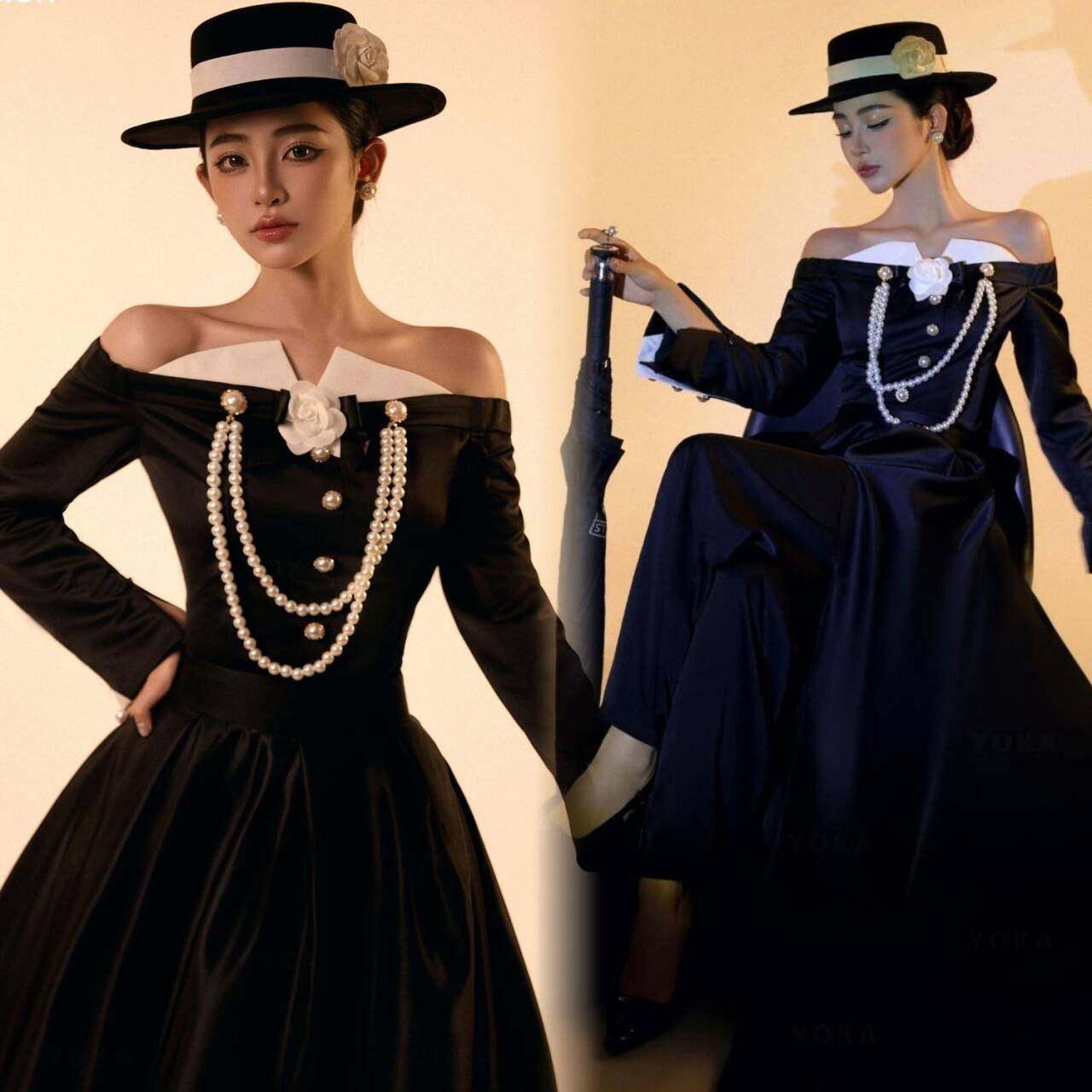 影楼新款主题肖像形象写真摄影服装黑色法式赫本复古婚纱拍照礼服