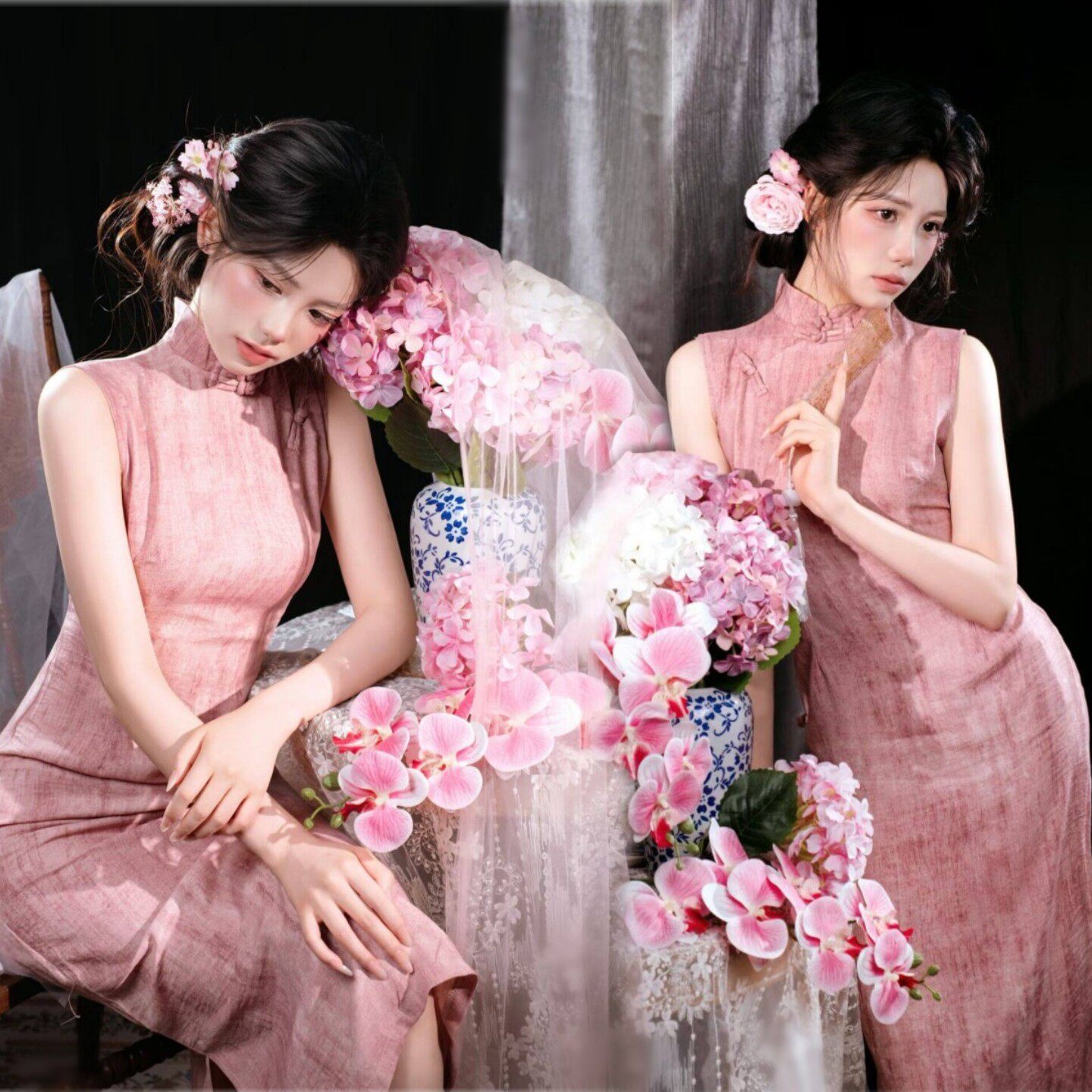 影楼新款个人新中式复古居家清冷感粉色少女国风旗袍写真摄影服装