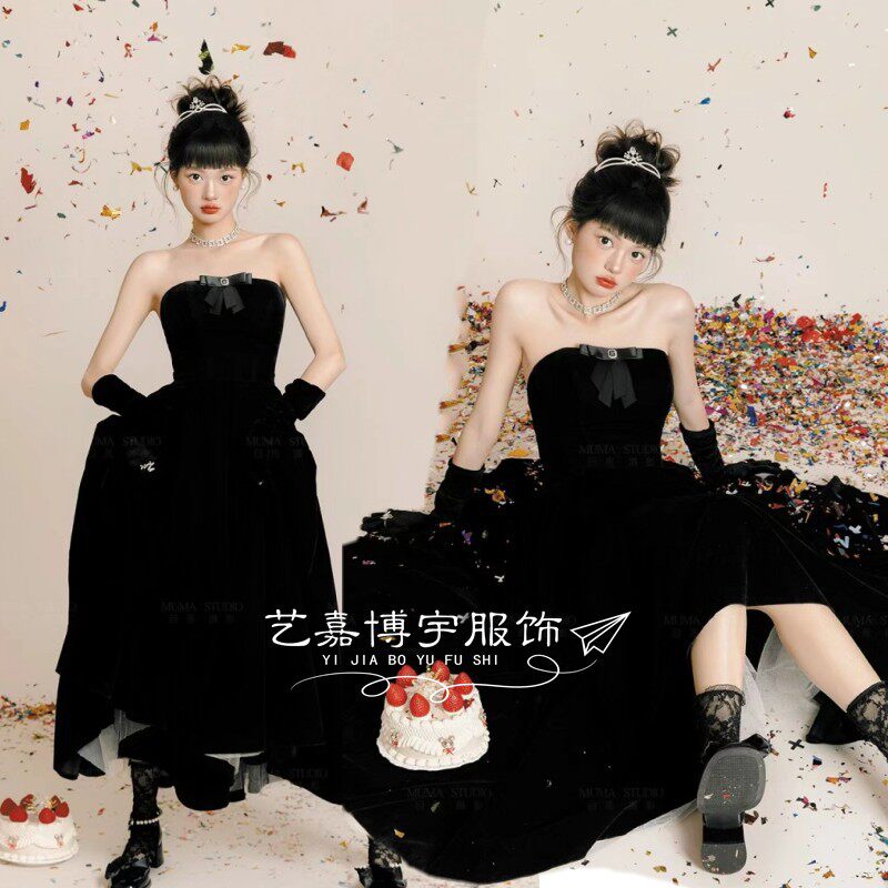 影楼新款黑色丝绒抹胸连衣裙赫本风长裙名媛千金生日写真艺术拍照