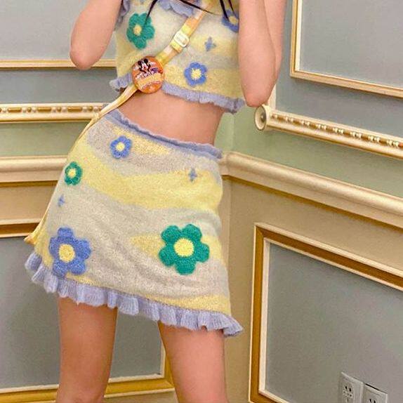 多巴胺女孩穿搭一整套荷花边吊带背心短款花朵短裙迪士尼公主套装