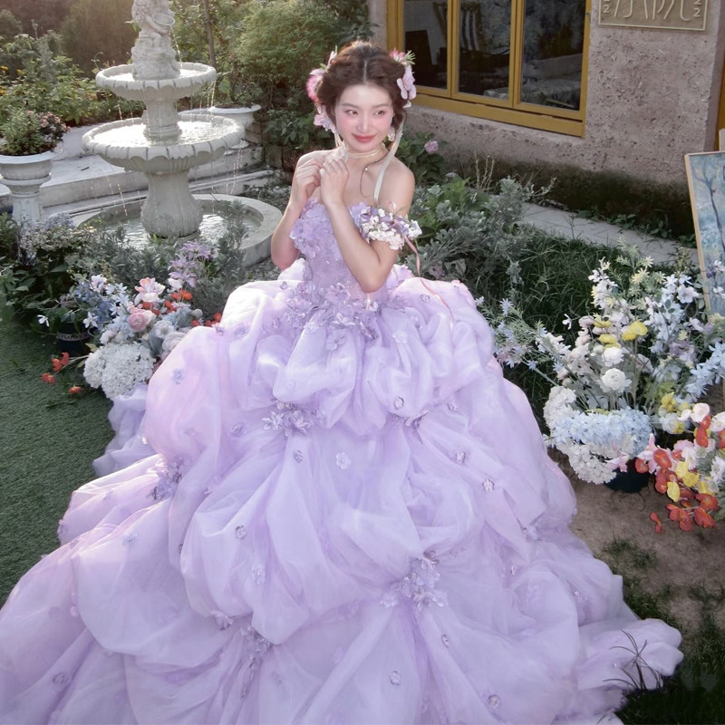 影楼主题服装2025新款轻婚纱摄影高端紫色花神礼服旅拍写真彩纱