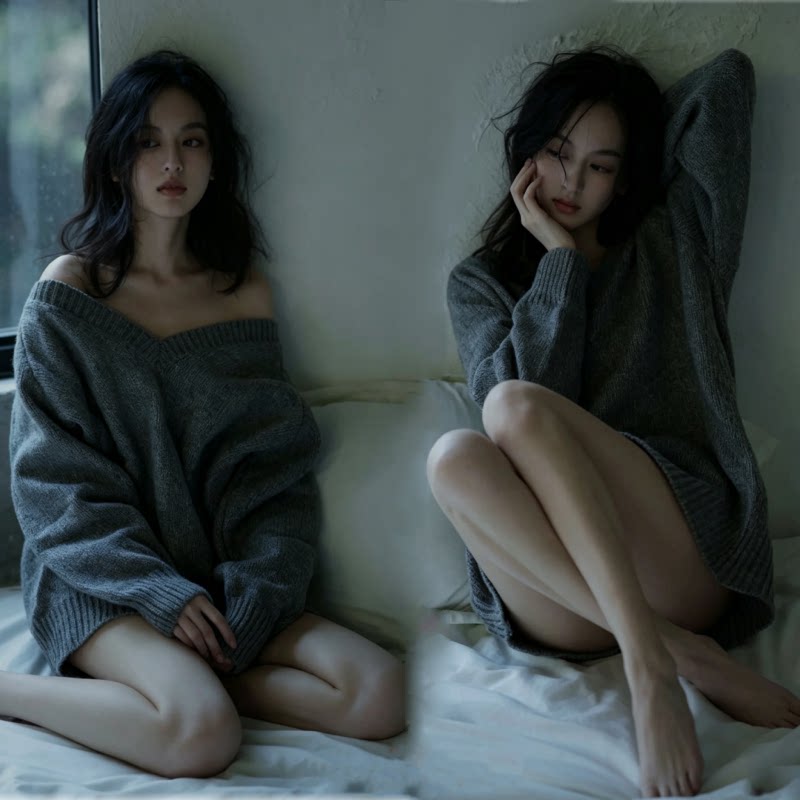 影楼新款V领宽松纯欲毛衣写真