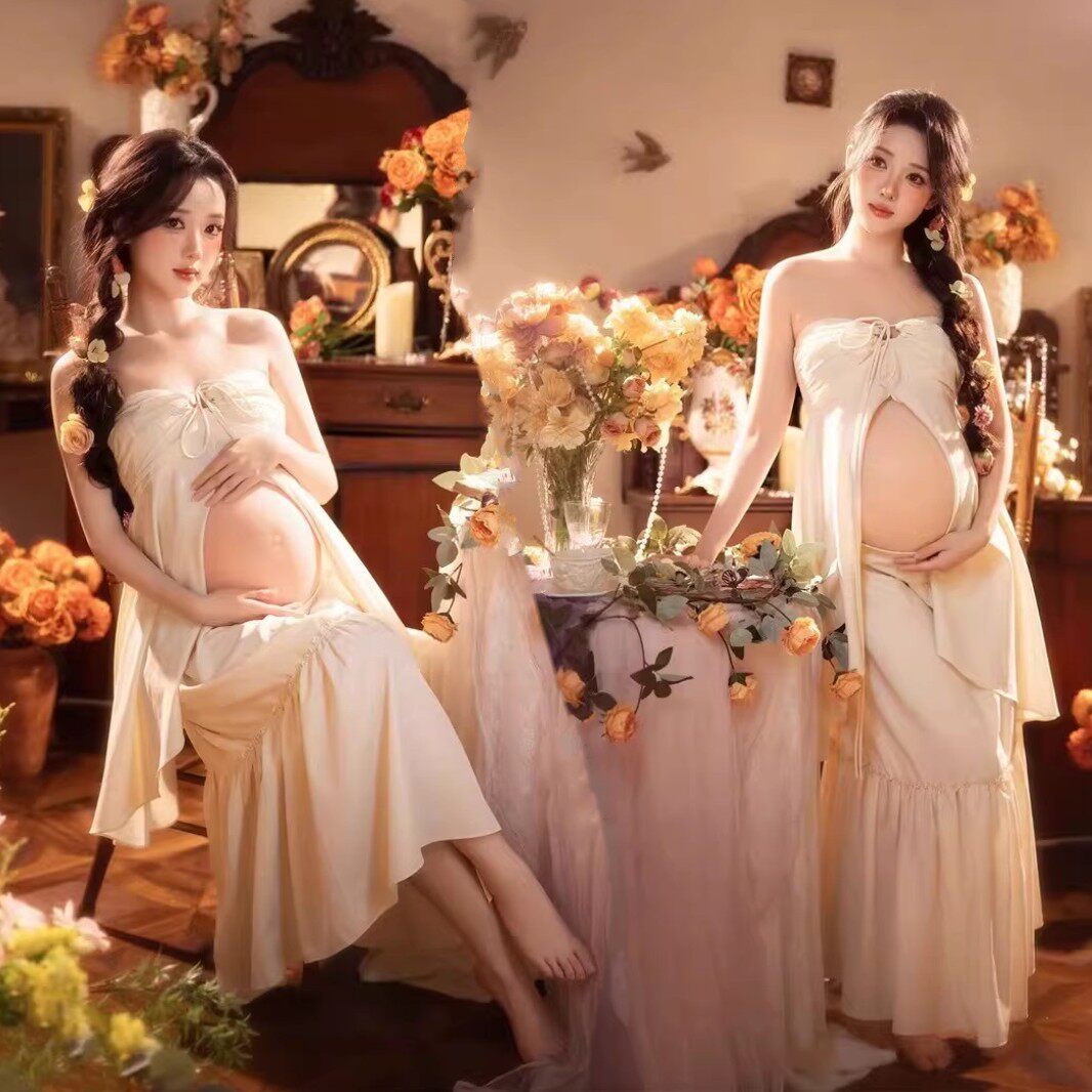 孕妇拍照服装影楼新款法式复古油画风高级感抹礼服胸长裙写真摄影