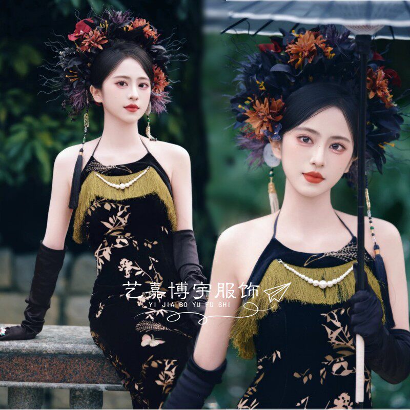 浔埔服装簪花中式旗袍连衣裙