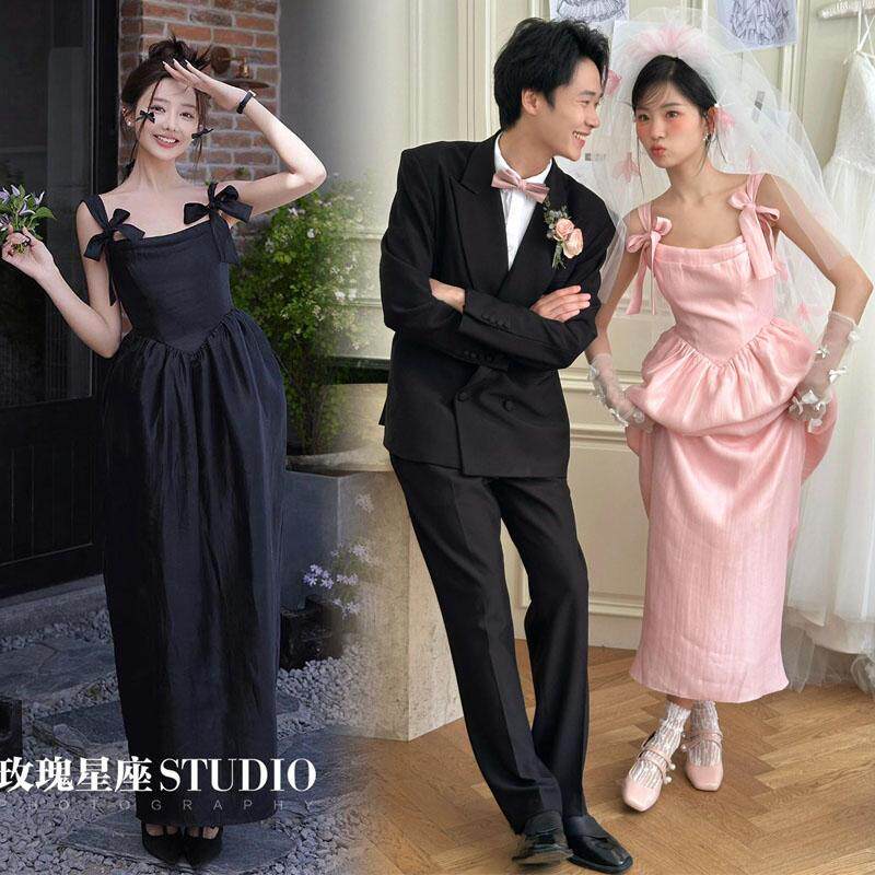 影楼主题拍照服装婚纱摄影情侣街拍粉色缎面吊带韩系少女简约礼服