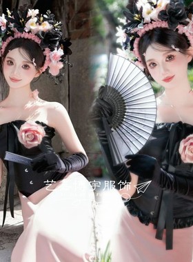 新款泉州浔埔女黑色新中式簪花礼服裙网红旅拍民族风写真摄影服装