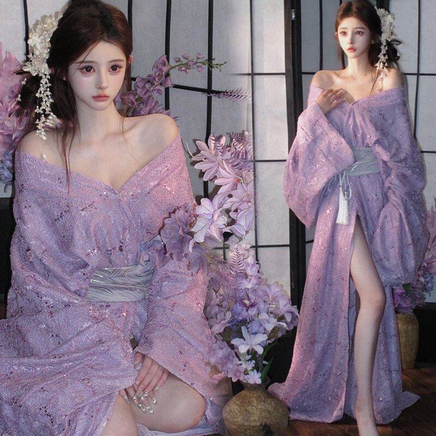 影楼新款紫色亮片蕾丝汉服