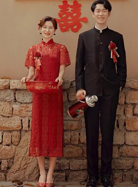 民国风影楼中式红色旗袍父母礼服