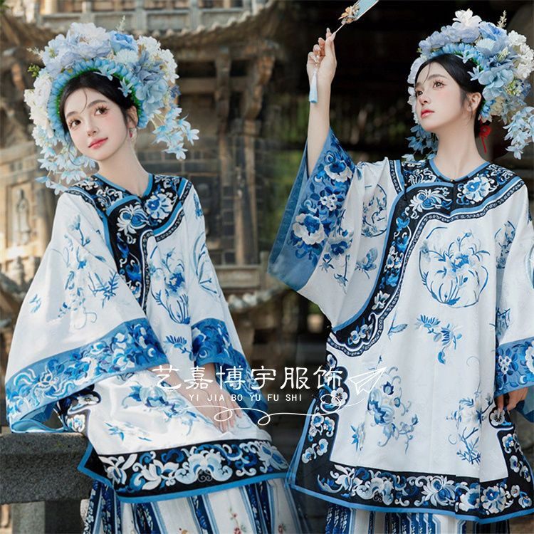浔埔女簪花汉服印花青花瓷格格服