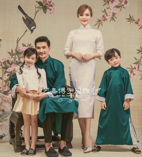 影楼中国风四口全家福摄影楼亲子写真拍照服装复古民国风长衫旗袍