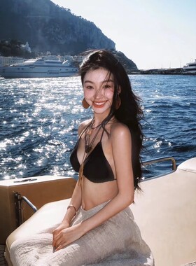 易梦玲同款黑色比基尼性感分体绑带露背带胸垫纯欲泳衣女辣妹度假