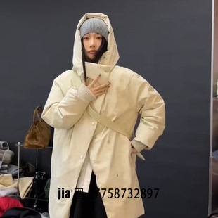 价私问 杏色连帽系腰带羽绒服外套女 2025秋冬新品 中长款