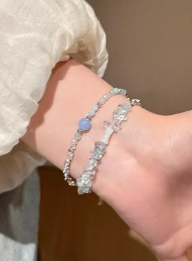 蓝色系~海蓝宝碎银子串珠手链女款夏季清凉绝美叠戴珠子手串手饰