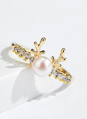 一路有你麋鹿开口戒指小鹿头个性指环不掉色节日礼品送礼珍珠戒指