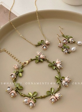 白色铃兰花耳环+手链+项链~超仙森系春季新款耳钉耳夹少女锁骨链