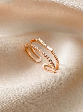 蝴蝶结戒指锆石镶嵌铜镀真金轻奢小众个性设计款指环不掉色开口戒