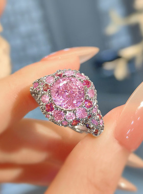 玫瑰殿下渐变粉钻鸟巢切戒指满钻豪镶中古老钱风超闪满天星女戒