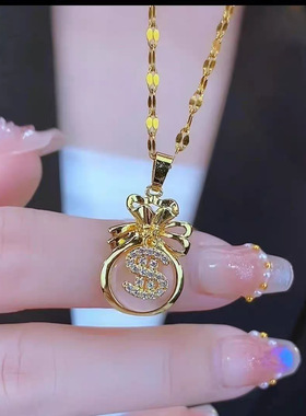 新款粉色猫眼石福袋项链女高级感时尚百搭钱袋吊坠气质锁骨链轻奢