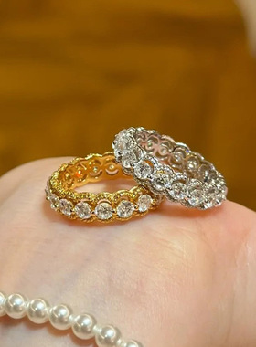 vintage蕾丝圆钻排戒女中古风小众轻奢百搭镂空镀金排钻开口戒指