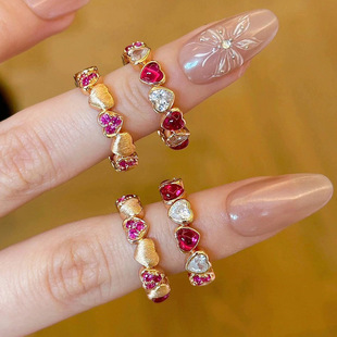 糖果甜心复古拉丝桃心锆石戒指新款红刚玉轻奢高级感爱心钻指环