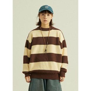 GoodNorth日系复古撞色宽条纹毛衣男女同款 宽松套头圆领针织线衫
