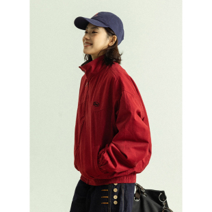 宽松立领休闲夹克 春季 GoodNorth美式 复古格子翻领红色外套男女款