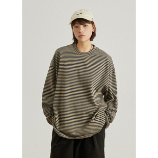 宽松圆领打底衫 上衣2026新款 长袖 GoodNorth复古撞色条纹t恤男女款