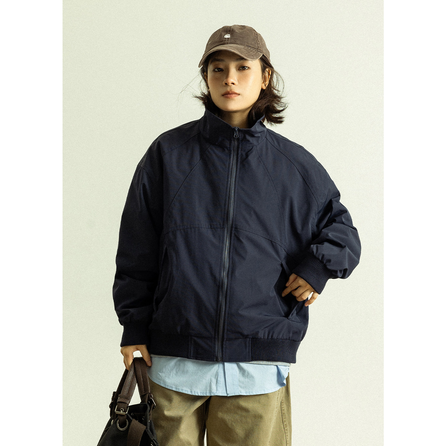 GoodNorth藏青色美式立领飞行夹克男女款春季户外休闲冲锋衣外套