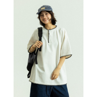 小众设计手工缝线宽松半袖 GoodNorth日系复古亨利领短袖 t恤男女款