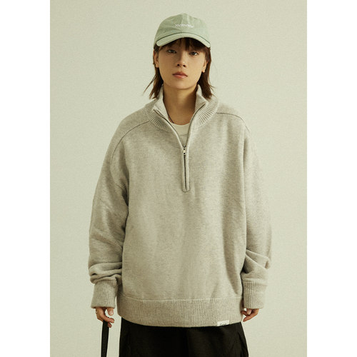 日系复古半拉链立领宽松线衣外套