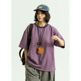 中性风半袖 紫色t恤男女款 体恤撞色拼接圆领上衣 短袖 GoodNorth夏季