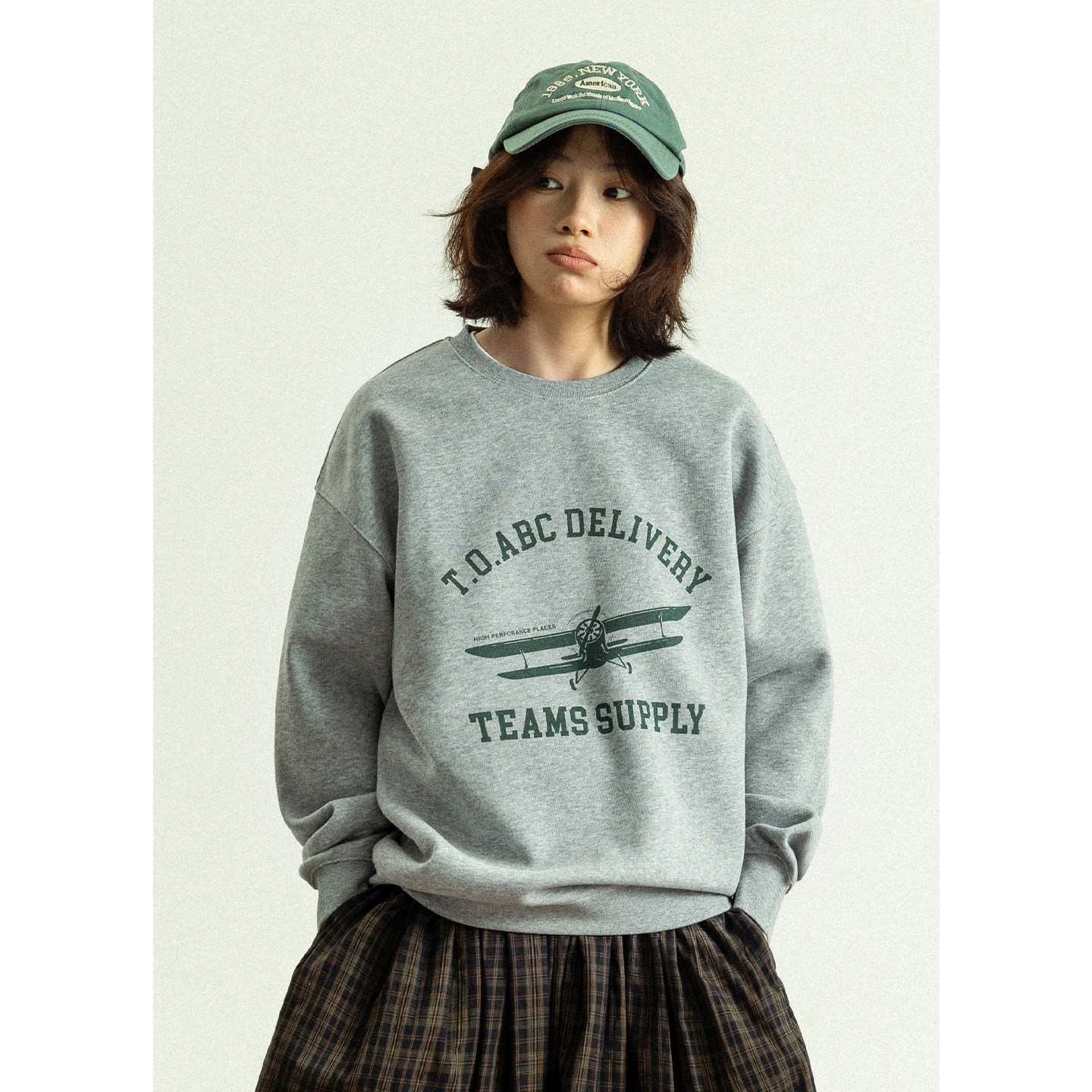 GoodNorth日系复古字母印花灰色圆领卫衣男女款宽松休闲套头上衣