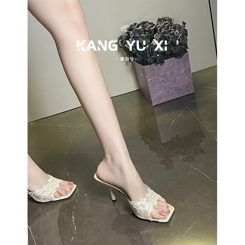 康羽兮丨绝美蕾丝高跟凉鞋女夏细跟气质性感名媛风露趾外穿凉拖鞋