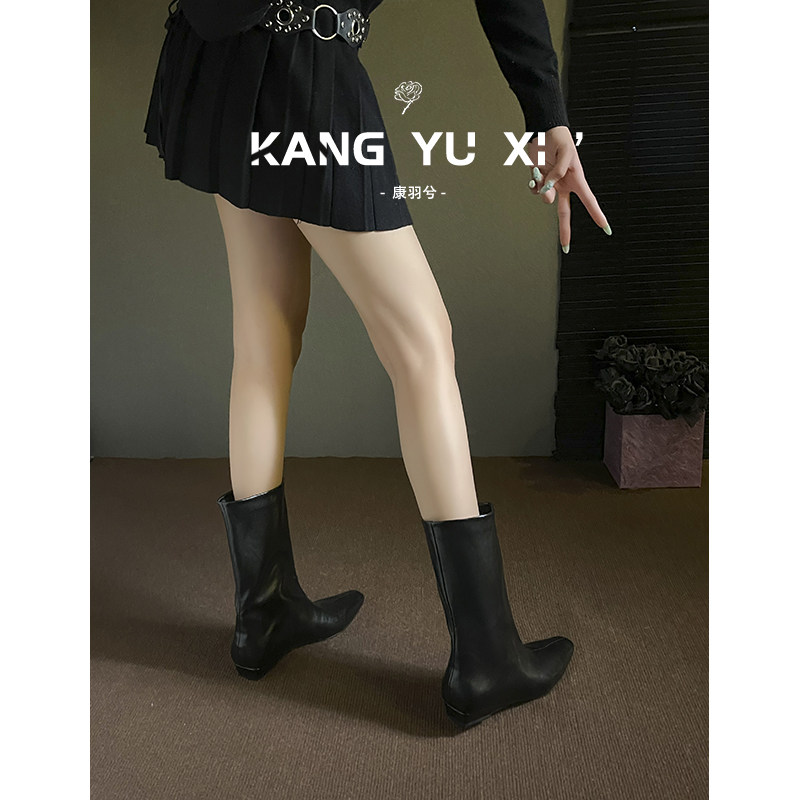 康羽兮丨牛皮版~黑色方头中筒靴图片