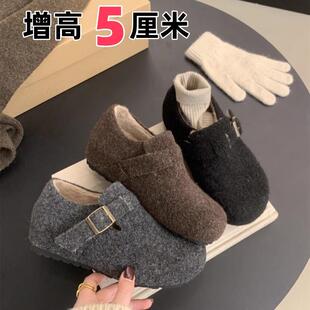 品牌内增高5CM百搭复古勃肯鞋2025冬季户外保暖乐福鞋加绒毛毛鞋