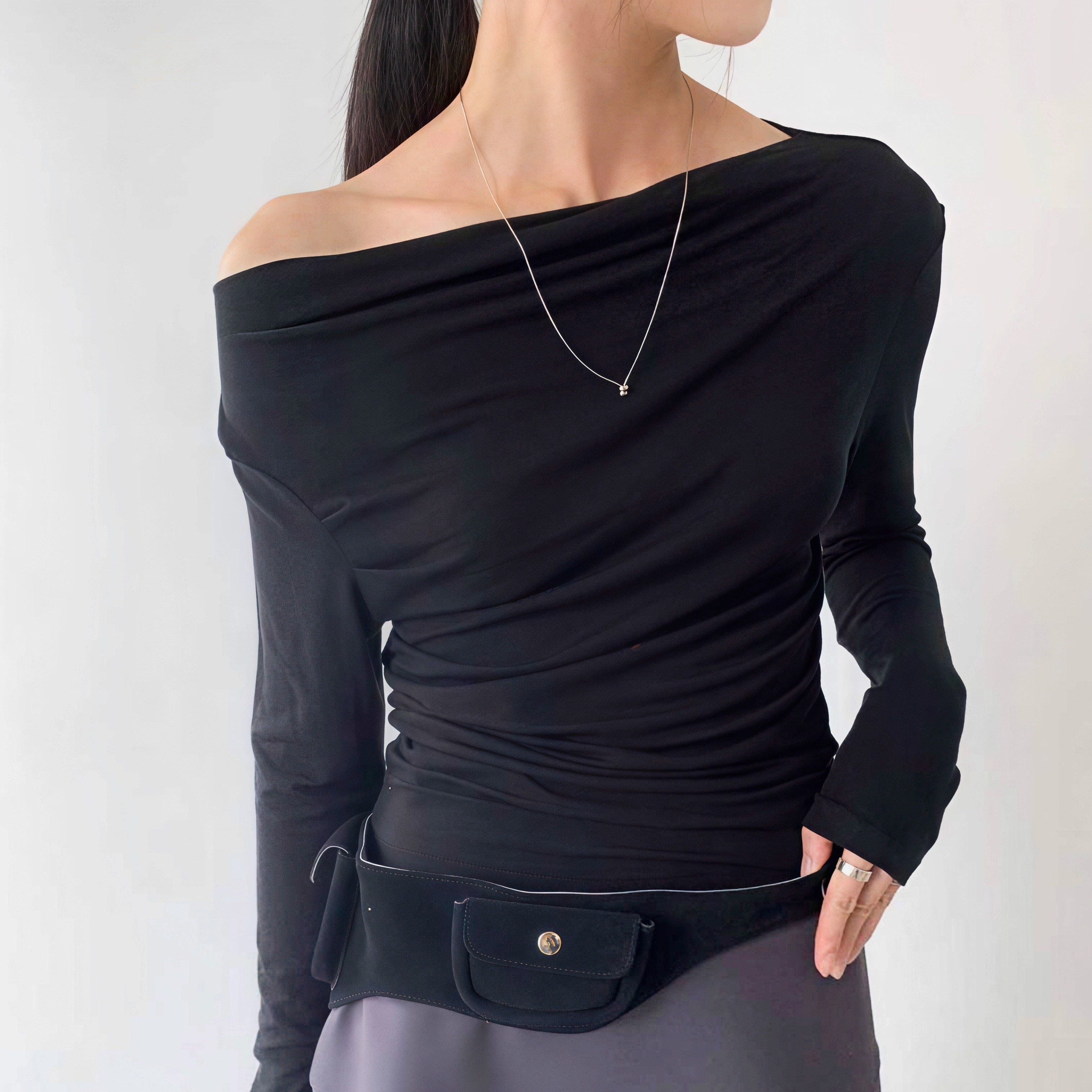 BETTER韩国东大门25秋季新款天丝打底衫女斜肩收腰显瘦韩系时尚T