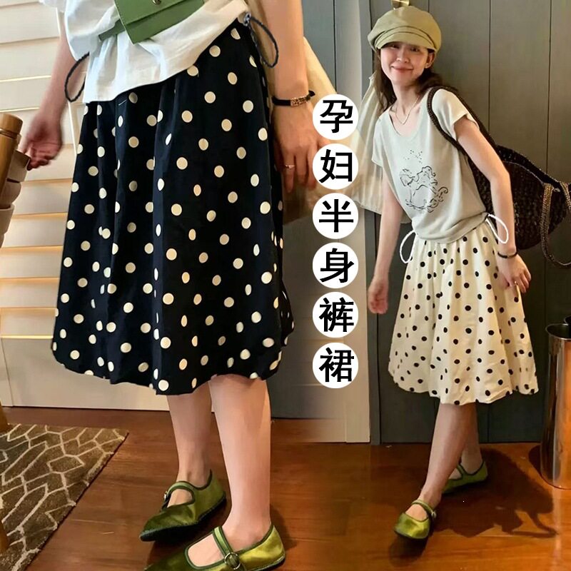 日系波点雪纺花苞孕妇半身裙2026夏季薄款A字百褶孕妇裙五分中裙