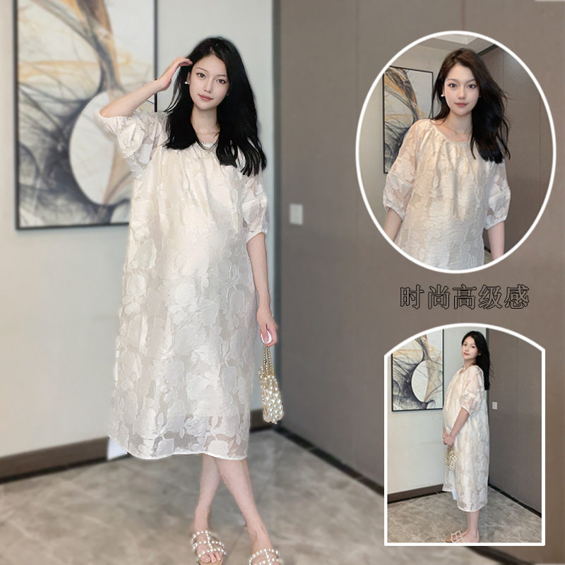 雪美芙孕妇连衣裙夏款时尚法式提花高级感气质潮妈宽松大码连衣裙