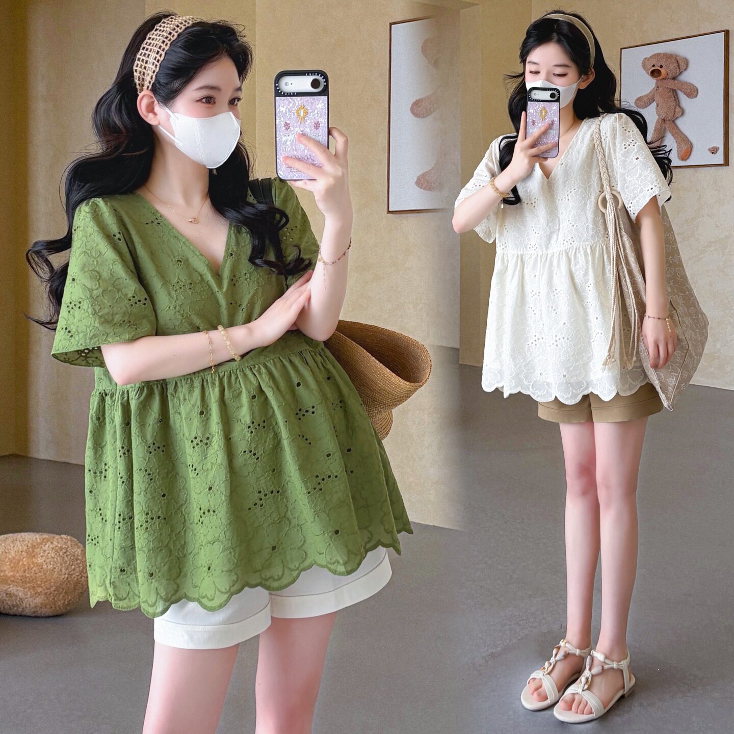 孕妇上衣夏装洋气遮孕肚短袖t恤高级感刺绣娃娃衫套装夏季薄款女