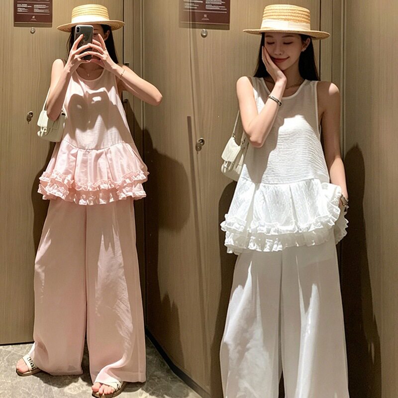 不显怀洋气孕妇装夏装套装2026新款孕期穿搭无袖上衣阔腿裤两件套