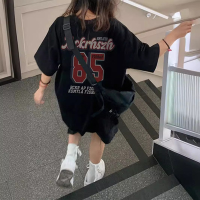 美式复古纯棉短袖t恤女夏季新款hiphop潮牌宽松大码黑色情侣上衣