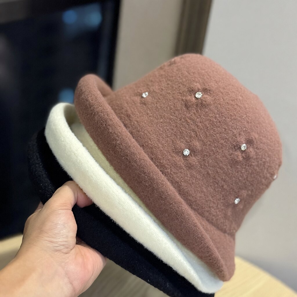 冬季新款卷边手工水钻装饰毛呢礼帽日系保暖渔夫帽女士优雅盆帽潮